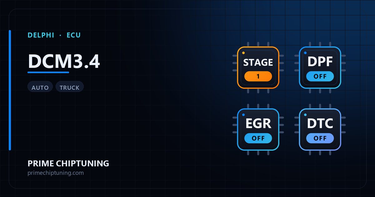 Solutions disponibles pour la famille d'ECU DELPHI DCM3.4 : Reprogrammation Stage 1, Suppression FAP (DPF), Suppression EGR, Suppression codes défaut (DTC)