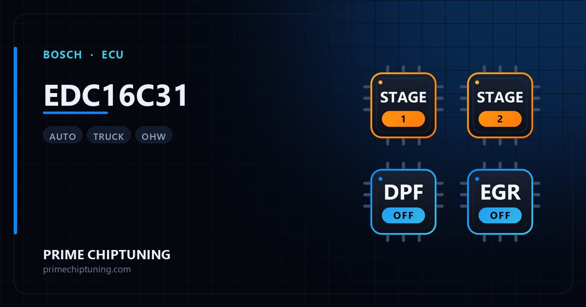 Solutions disponibles pour la famille d'ECU BOSCH EDC16C31 : Reprogrammation Stage 1, Reprogrammation Stage 2, Suppression FAP (DPF), Suppression EGR