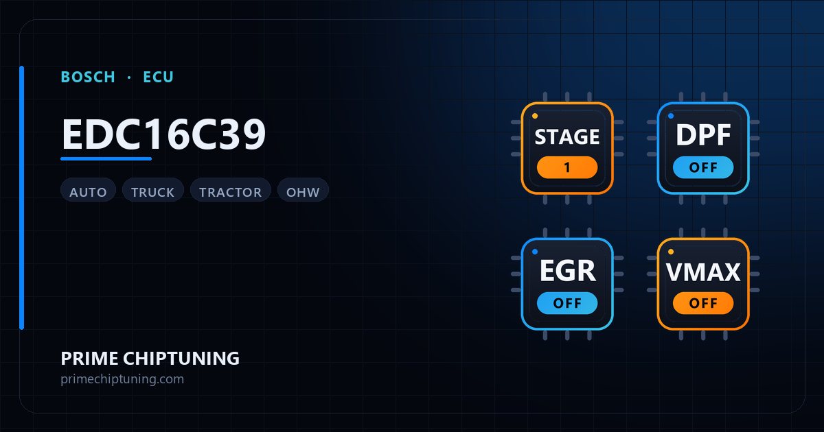 Solutions disponibles pour la famille d'ECU BOSCH EDC16C39 : Reprogrammation Stage 1, Suppression FAP (DPF), Suppression EGR, Suppression du limiteur de vitesse (Vmax)