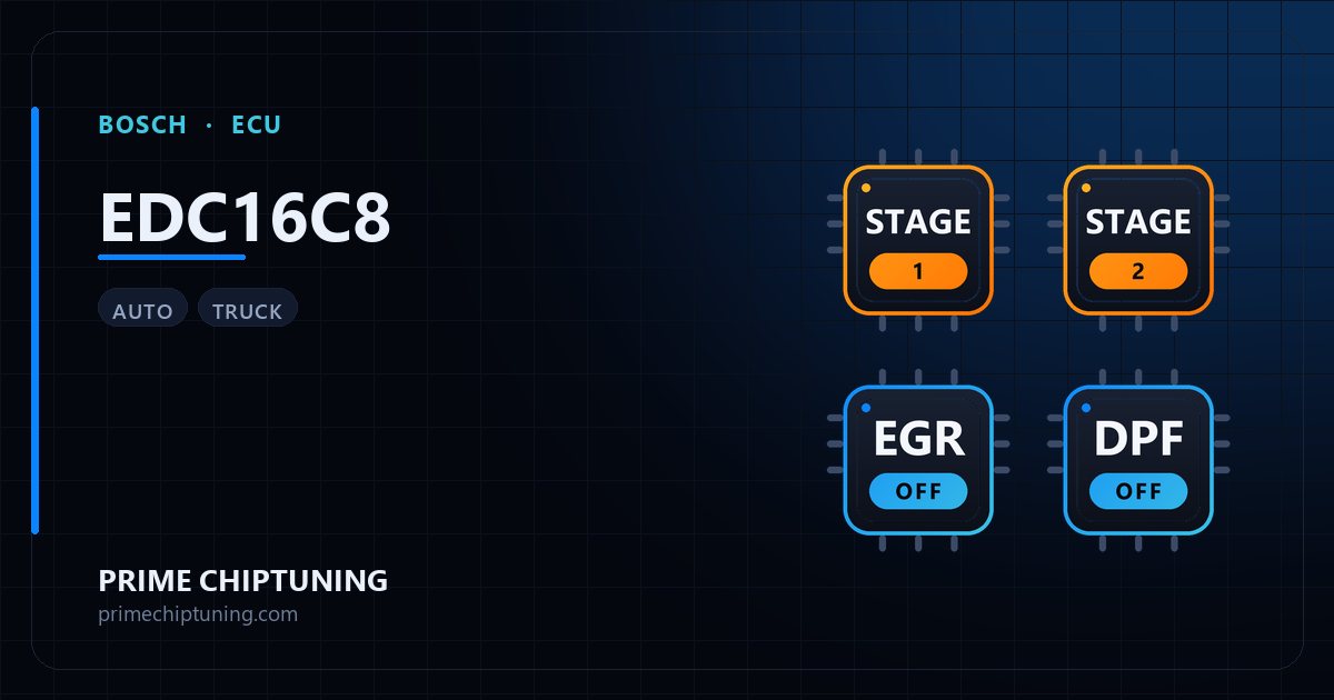 Solutions disponibles pour la famille d'ECU BOSCH EDC16C8 : Reprogrammation Stage 1, Reprogrammation Stage 2, Suppression EGR, Suppression du limiteur de vitesse (Vmax)