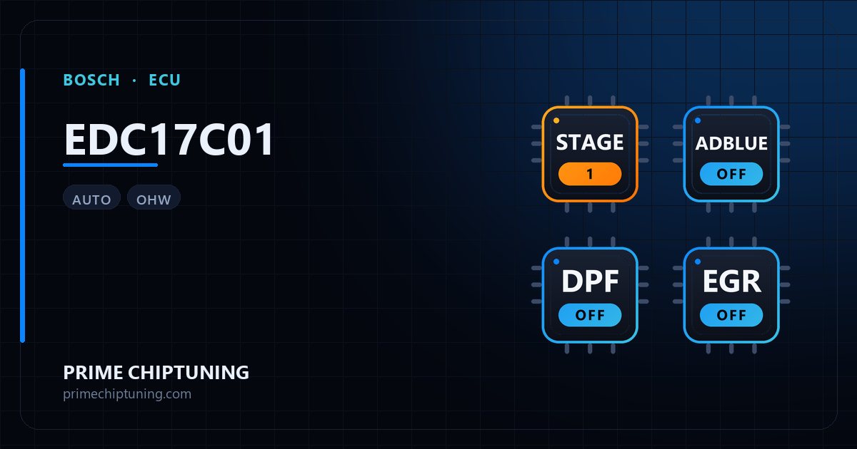 Solutions disponibles pour la famille d'ECU BOSCH EDC17C01 : Reprogrammation Stage 1, Suppression AdBlue / SCR, Suppression du limiteur de vitesse (Vmax), Suppression EGR