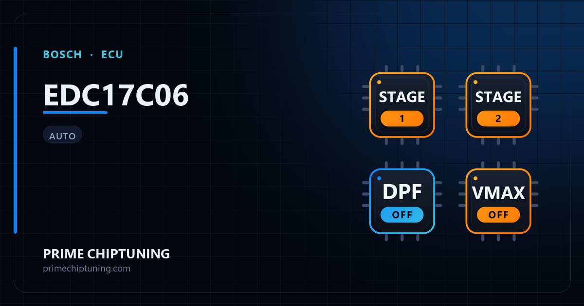 Solutions disponibles pour la famille d'ECU BOSCH EDC17C06 : Reprogrammation Stage 1, Reprogrammation Stage 2, Suppression FAP (DPF), Suppression du limiteur de vitesse (Vmax)