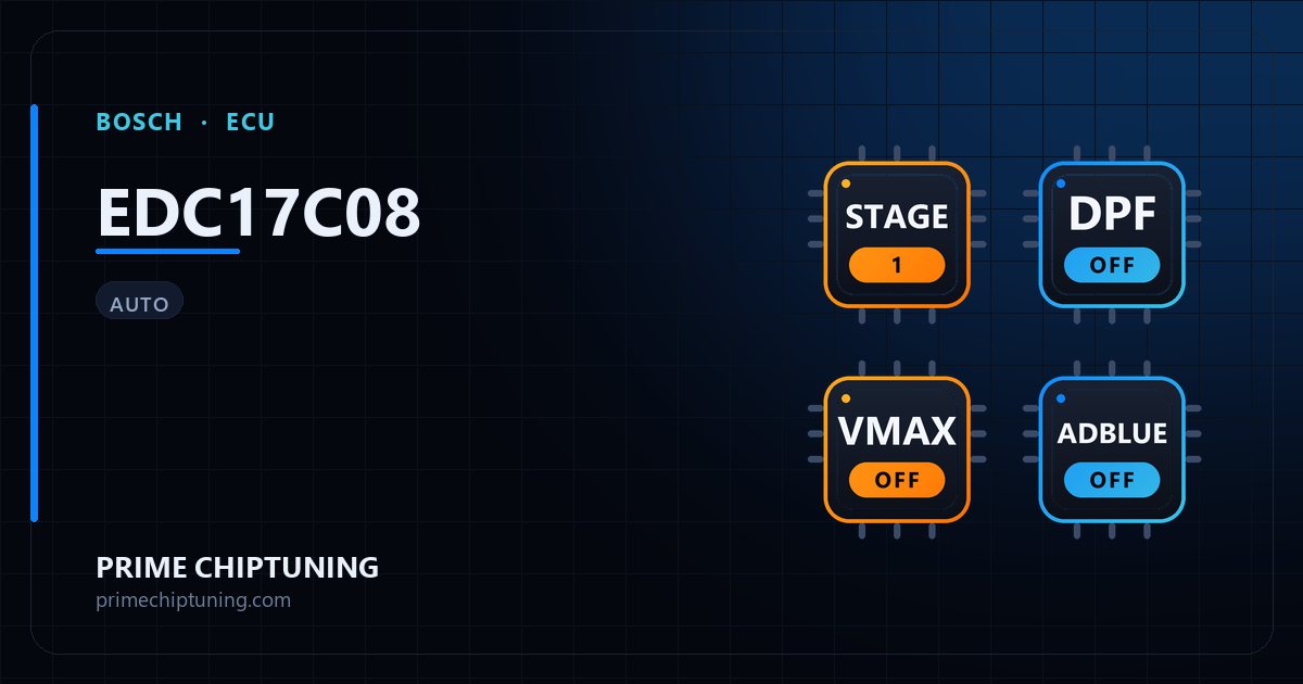 Solutions disponibles pour la famille d'ECU BOSCH EDC17C08 : Reprogrammation Stage 1, Suppression FAP (DPF), Suppression du limiteur de vitesse (Vmax), Suppression AdBlue / SCR