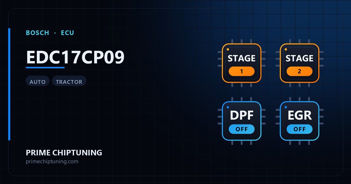 Solutions disponibles pour la famille d'ECU BOSCH EDC17CP09 : Reprogrammation Stage 1, Reprogrammation Stage 2, Suppression FAP (DPF), Suppression EGR