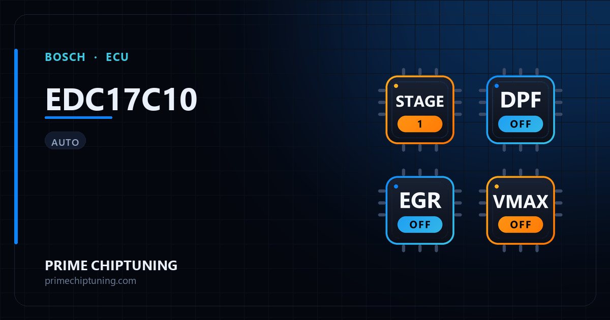 Solutions disponibles pour la famille d'ECU BOSCH EDC17C10 : Reprogrammation Stage 1, Suppression FAP (DPF), Suppression EGR, Suppression du limiteur de vitesse (Vmax)