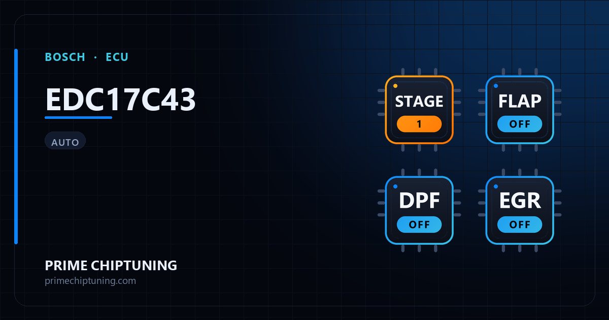 Solutions disponibles pour la famille d'ECU BOSCH EDC17C43 : Reprogrammation Stage 1, Suppression volets d'admission (swirl), Suppression sonde Lambda / O2, Suppression EGR