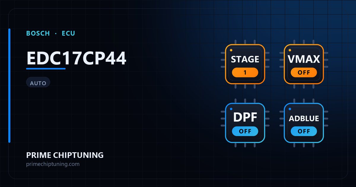 Solutions disponibles pour la famille d'ECU BOSCH EDC17CP44 : Reprogrammation Stage 1, Suppression du limiteur de vitesse (Vmax), Suppression FAP (DPF), Suppression EGR