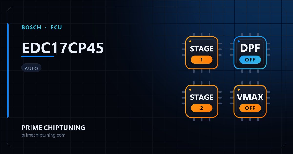 Solutions disponibles pour la famille d'ECU BOSCH EDC17CP45 : Reprogrammation Stage 1, Suppression FAP (DPF), Reprogrammation Stage 2, Suppression du limiteur de vitesse (Vmax)