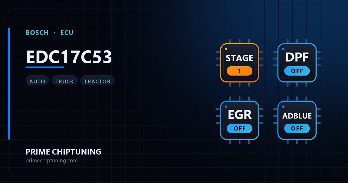 Solutions disponibles pour la famille d'ECU BOSCH EDC17C53 : Reprogrammation Stage 1, Suppression FAP (DPF), Suppression EGR, Suppression AdBlue / SCR