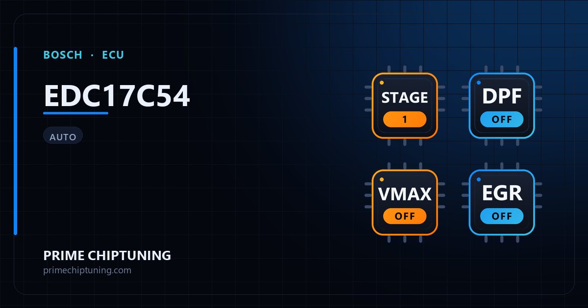 Solutions disponibles pour la famille d'ECU BOSCH EDC17C54 : Reprogrammation Stage 1, Suppression FAP (DPF), Suppression du limiteur de vitesse (Vmax), Suppression EGR