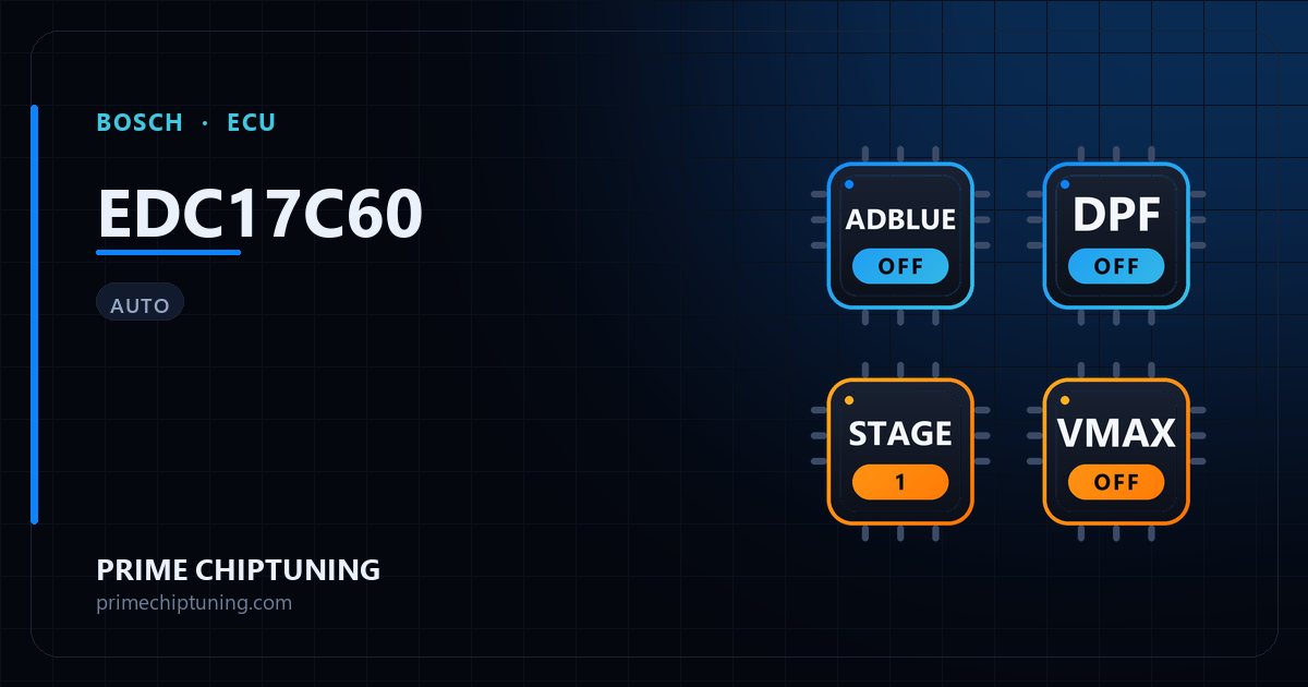 Solutions disponibles pour la famille d'ECU BOSCH EDC17C60 : Suppression AdBlue / SCR, Suppression FAP (DPF), Reprogrammation Stage 1, Suppression du limiteur de vitesse (Vmax)