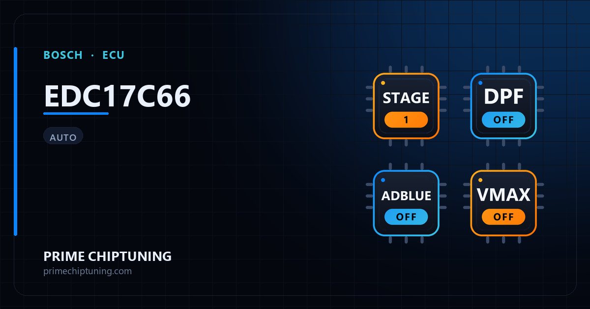 Solutions disponibles pour la famille d'ECU BOSCH EDC17C66 : Reprogrammation Stage 1, Suppression FAP (DPF), Suppression AdBlue / SCR, Suppression du limiteur de vitesse (Vmax)
