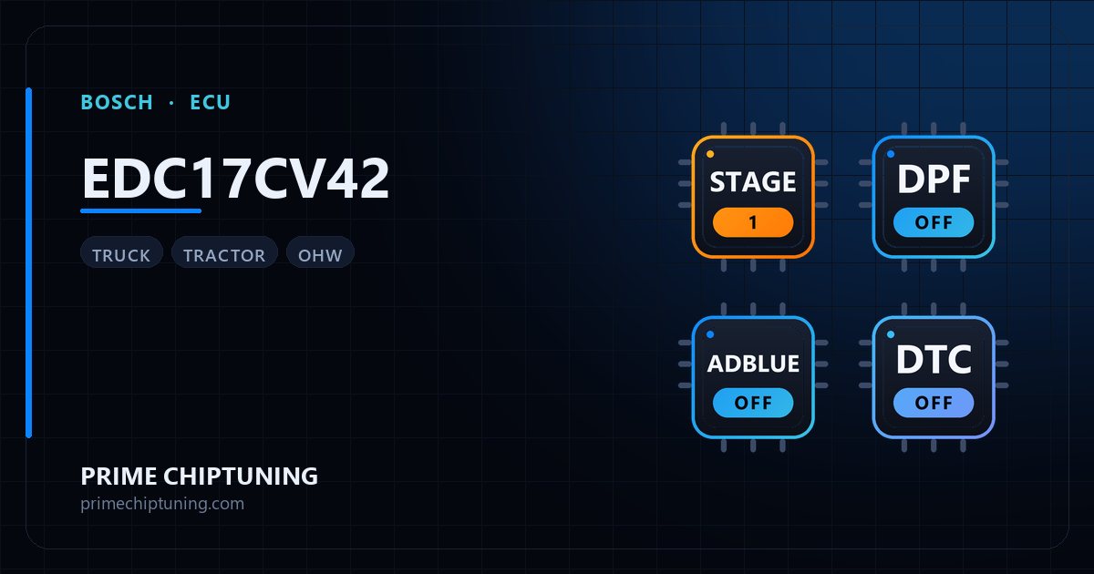 Solutions disponibles pour la famille d'ECU BOSCH EDC17CV42 : Reprogrammation Stage 1, Suppression FAP (DPF), Suppression AdBlue / SCR, Suppression codes défaut (DTC)