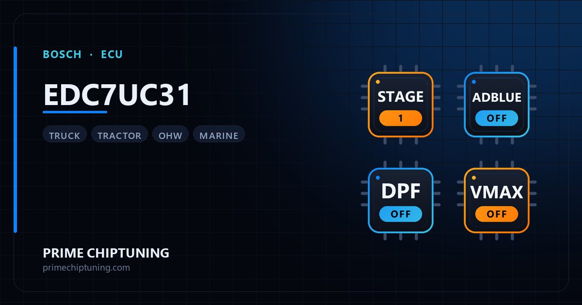 Solutions disponibles pour la famille d'ECU BOSCH EDC7UC31 : Reprogrammation Stage 1, Suppression AdBlue / SCR, Suppression FAP (DPF), Suppression du limiteur de vitesse (Vmax)