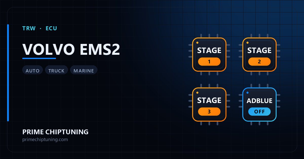 Solutions disponibles pour la famille d'ECU TRW VOLVO EMS2 : Reprogrammation Stage 1, Reprogrammation Stage 3, Reprogrammation Stage 2, Suppression AdBlue / SCR
