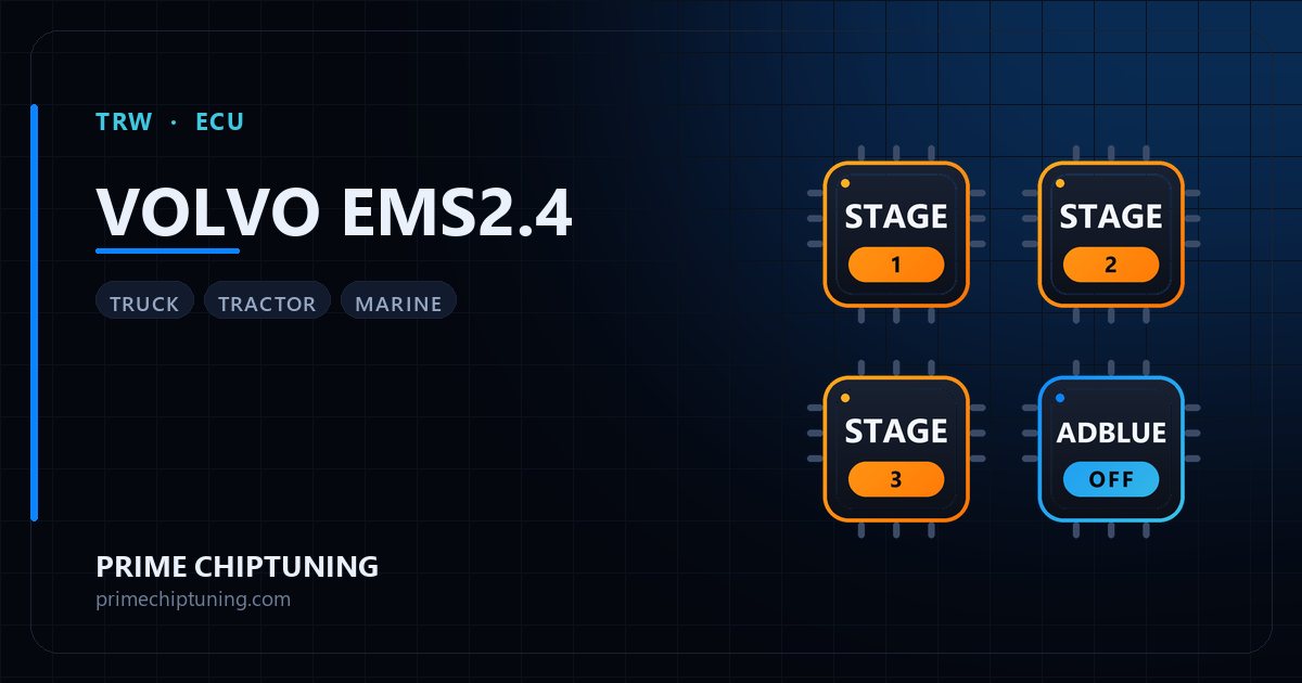 Solutions disponibles pour la famille d'ECU TRW VOLVO EMS2.4 : Reprogrammation Stage 1, Reprogrammation Stage 2, Reprogrammation Stage 3, Suppression AdBlue / SCR