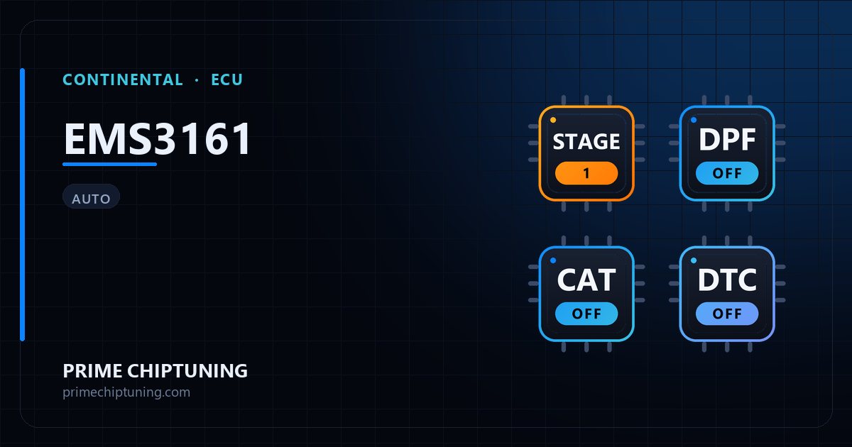 Solutions disponibles pour la famille d'ECU CONTINENTAL EMS3161 : Reprogrammation Stage 1, Suppression FAP (DPF), Suppression codes défaut (DTC), Décata / Suppression catalyseur
