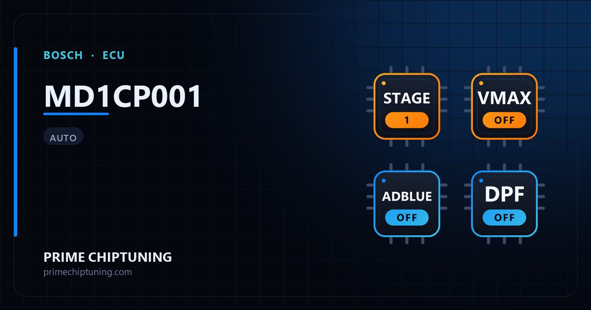 Solutions disponibles pour la famille d'ECU BOSCH MD1CP001 : Reprogrammation Stage 1, Suppression du limiteur de vitesse (Vmax), Suppression AdBlue / SCR, Suppression FAP (DPF)