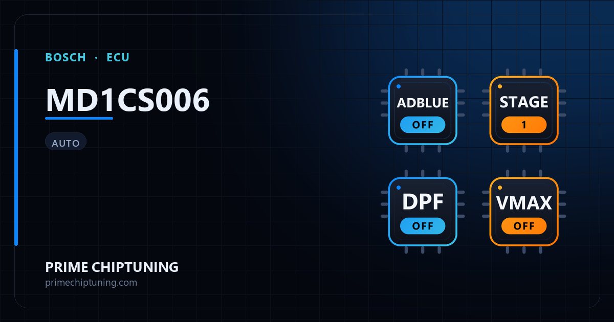 Solutions disponibles pour la famille d'ECU BOSCH MD1CS006 : Suppression AdBlue / SCR, Reprogrammation Stage 1, Suppression FAP (DPF), Suppression du limiteur de vitesse (Vmax)