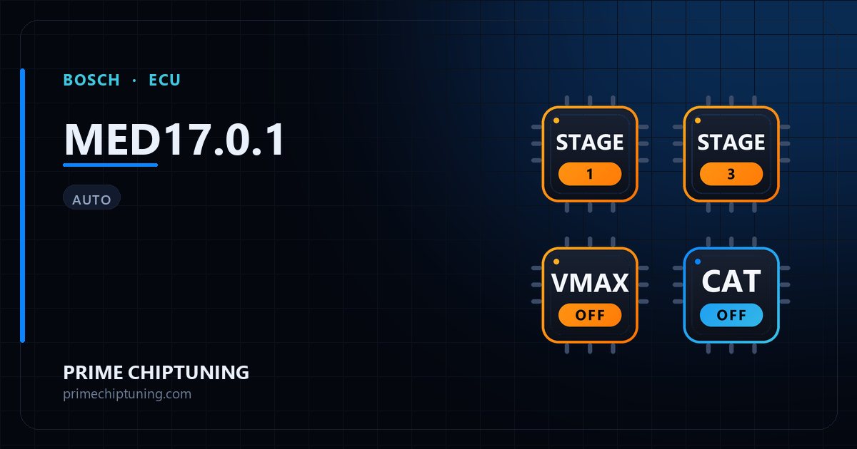 Solutions disponibles pour la famille d'ECU BOSCH MED17.0.1 : Reprogrammation Stage 1, Suppression du limiteur de vitesse (Vmax), Reprogrammation Stage 3, Suppression codes défaut (DTC)