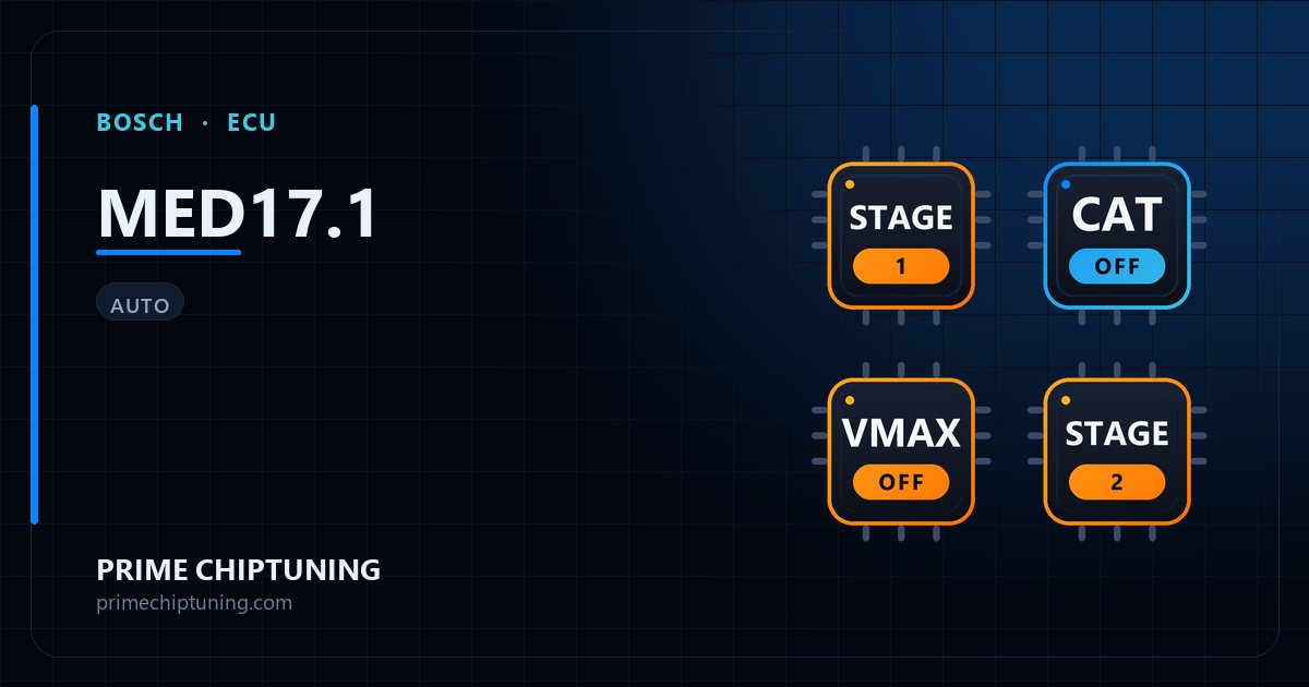 Solutions disponibles pour la famille d'ECU BOSCH MED17.1 : Reprogrammation Stage 1, Suppression du limiteur de vitesse (Vmax), Décata / Suppression catalyseur, Reprogrammation Stage 2