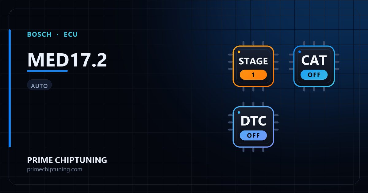 Solutions disponibles pour la famille d'ECU BOSCH MED17.2 : Reprogrammation Stage 1, Décata / Suppression catalyseur, Suppression codes défaut (DTC)