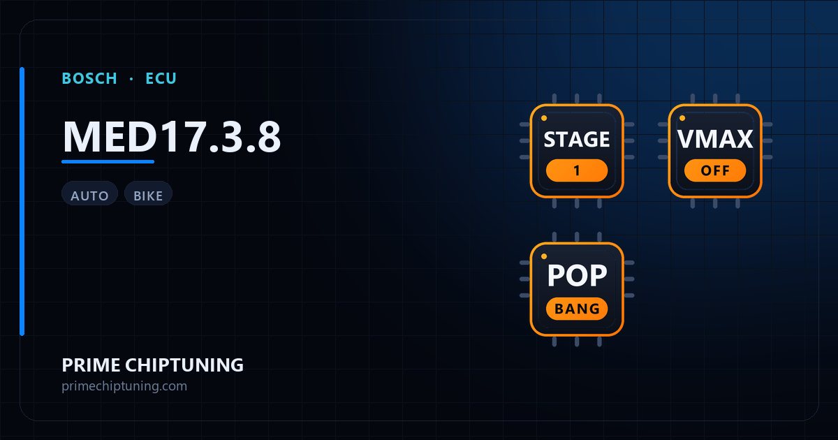 Solutions disponibles pour la famille d'ECU BOSCH MED17.3.8 : Reprogrammation Stage 1, Suppression du limiteur de vitesse (Vmax), Pop & Bang