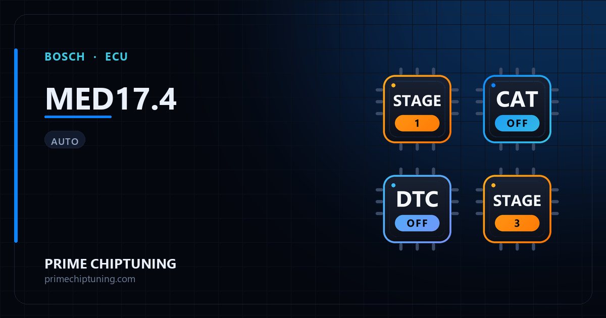 Solutions disponibles pour la famille d'ECU BOSCH MED17.4 : Reprogrammation Stage 1, Décata / Suppression catalyseur, Suppression codes défaut (DTC), Reprogrammation Stage 3
