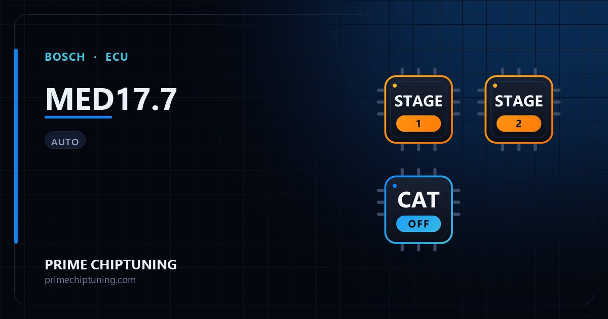 Solutions disponibles pour la famille d'ECU BOSCH MED17.7 : Reprogrammation Stage 1, Reprogrammation Stage 2, Décata / Suppression catalyseur