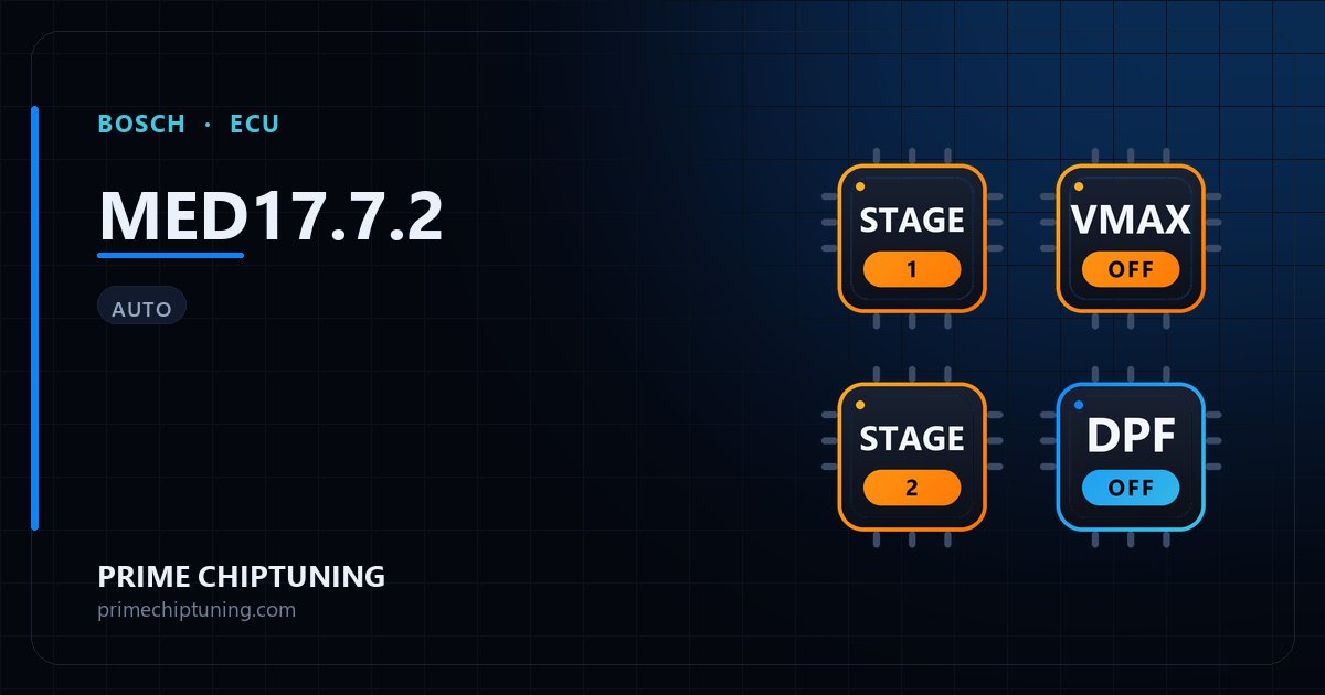 Solutions disponibles pour la famille d'ECU BOSCH MED17.7.2 : Reprogrammation Stage 1, Suppression du limiteur de vitesse (Vmax), Reprogrammation Stage 2, Pop & Bang