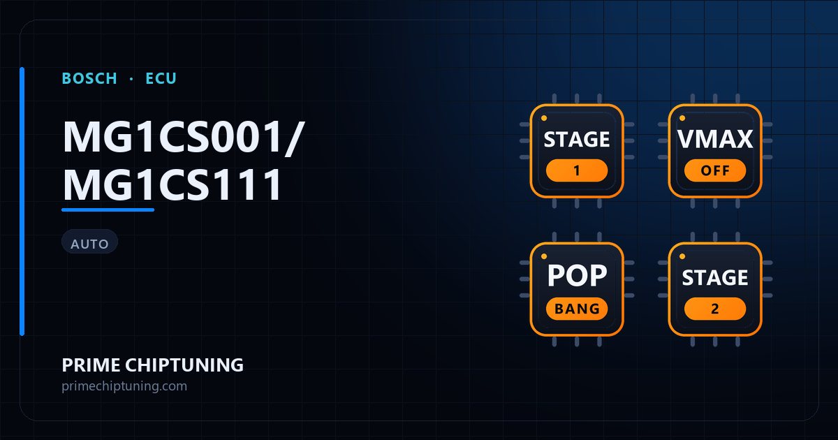 Solutions disponibles pour la famille d'ECU BOSCH MG1CS001/MG1CS111 : Reprogrammation Stage 1, Suppression du limiteur de vitesse (Vmax), Pop & Bang, Reprogrammation Stage 2