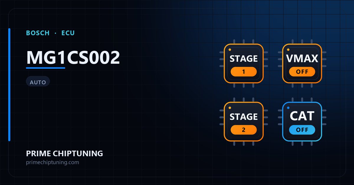 Solutions disponibles pour la famille d'ECU BOSCH MG1CS002 : Suppression du limiteur de vitesse (Vmax), Reprogrammation Stage 1, Reprogrammation Stage 2, Décata / Suppression catalyseur