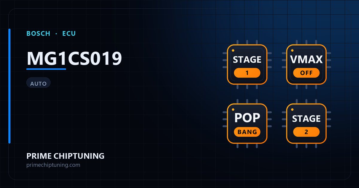 Solutions disponibles pour la famille d'ECU BOSCH MG1CS019 : Reprogrammation Stage 1, Suppression du limiteur de vitesse (Vmax), Pop & Bang, Reprogrammation Stage 3