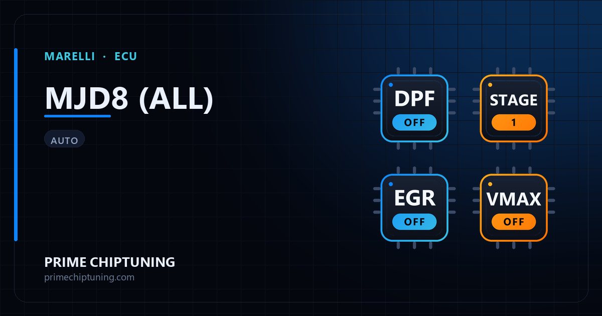 Solutions disponibles pour la famille d'ECU MARELLI MJD8 (ALL) : Suppression FAP (DPF), Reprogrammation Stage 1, Suppression EGR, Suppression du limiteur de vitesse (Vmax)