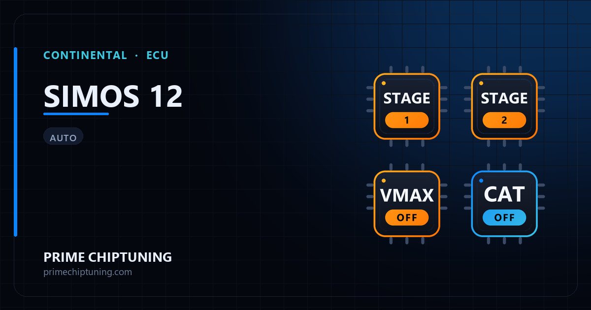Solutions disponibles pour la famille d'ECU CONTINENTAL SIMOS 12 : Reprogrammation Stage 1, Reprogrammation Stage 2, Suppression du limiteur de vitesse (Vmax), Décata / Suppression catalyseur