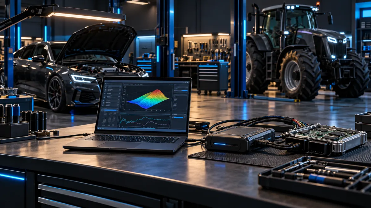 Concept d’atelier partenaire avec outils ECU, voiture et tracteur
