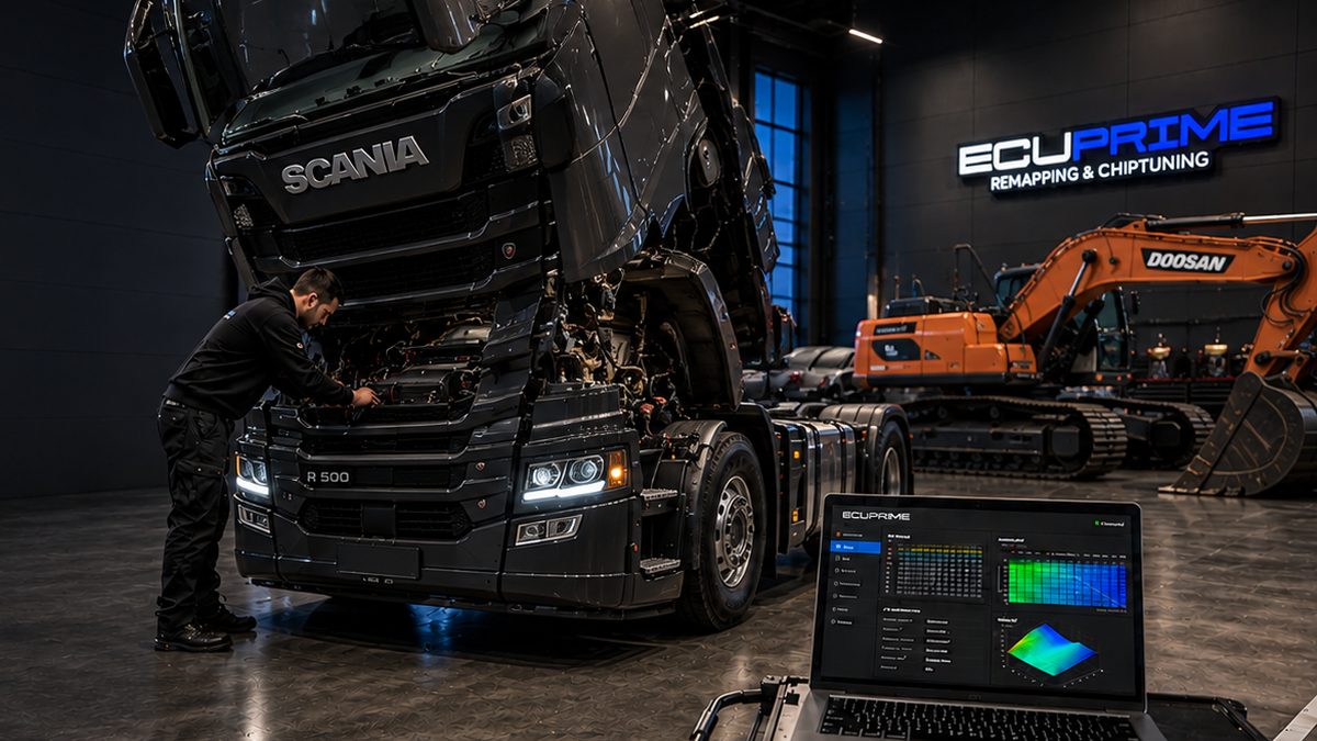 Travail logiciel ECU sur un tracteur routier Scania et une pelle Doosan à l'atelier